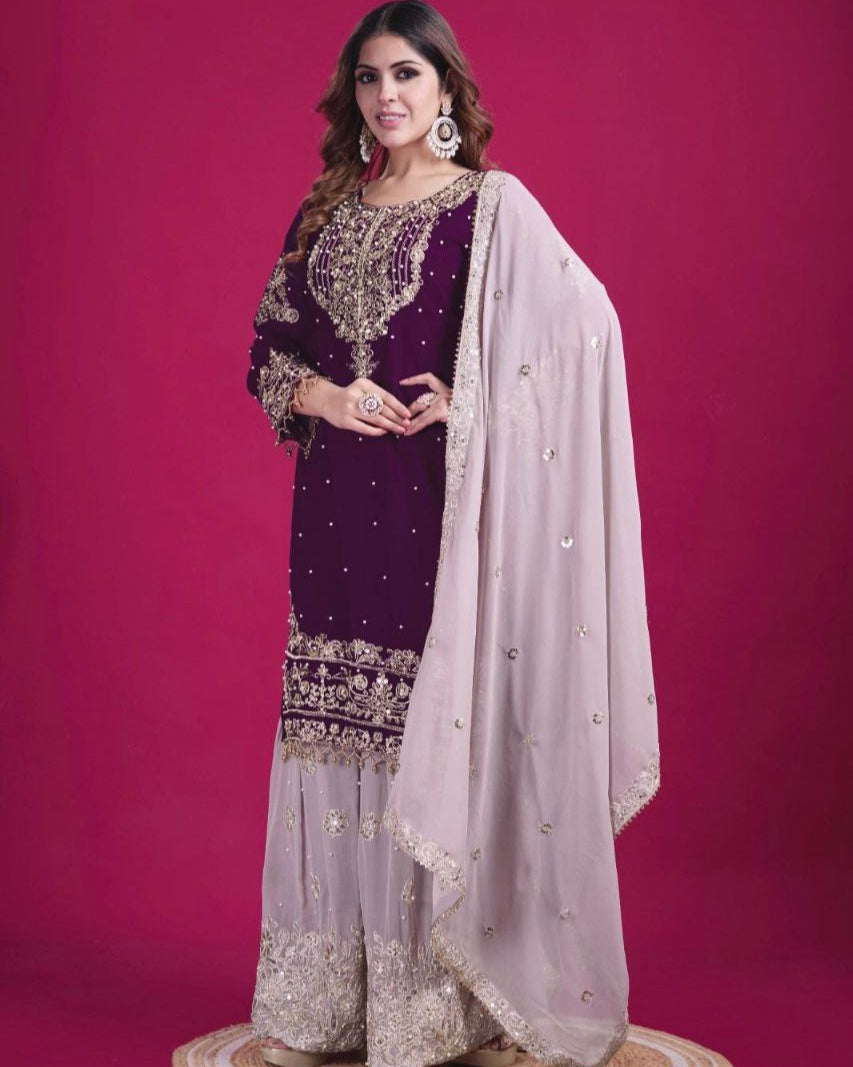 Heavy Faux Georgette Embroidered Suit Set with Plazzo & Dupatta | Dori-Sequence Work