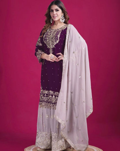 Heavy Faux Georgette Embroidered Suit Set with Plazzo & Dupatta | Dori-Sequence Work