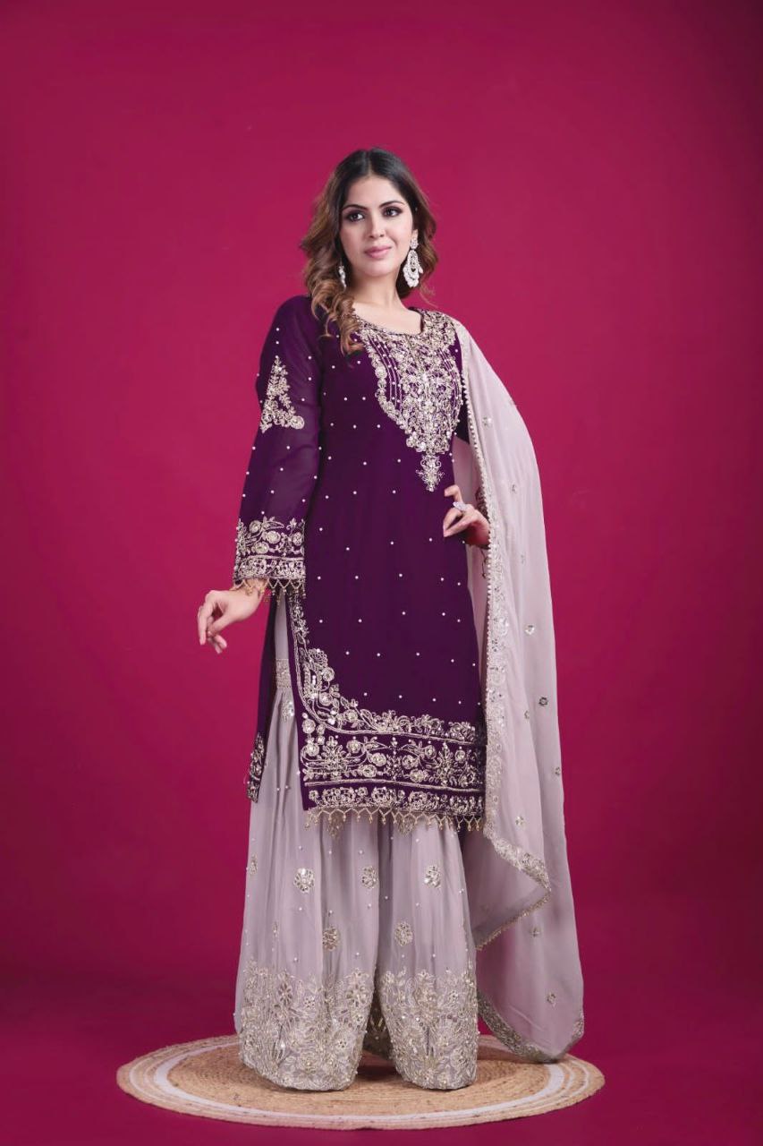 Heavy Faux Georgette Embroidered Suit Set with Plazzo & Dupatta | Dori-Sequence Work