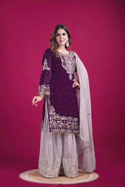 Heavy Faux Georgette Embroidered Suit Set with Plazzo & Dupatta | Dori-Sequence Work