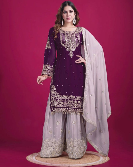 Heavy Faux Georgette Embroidered Suit Set with Plazzo & Dupatta | Dori-Sequence Work