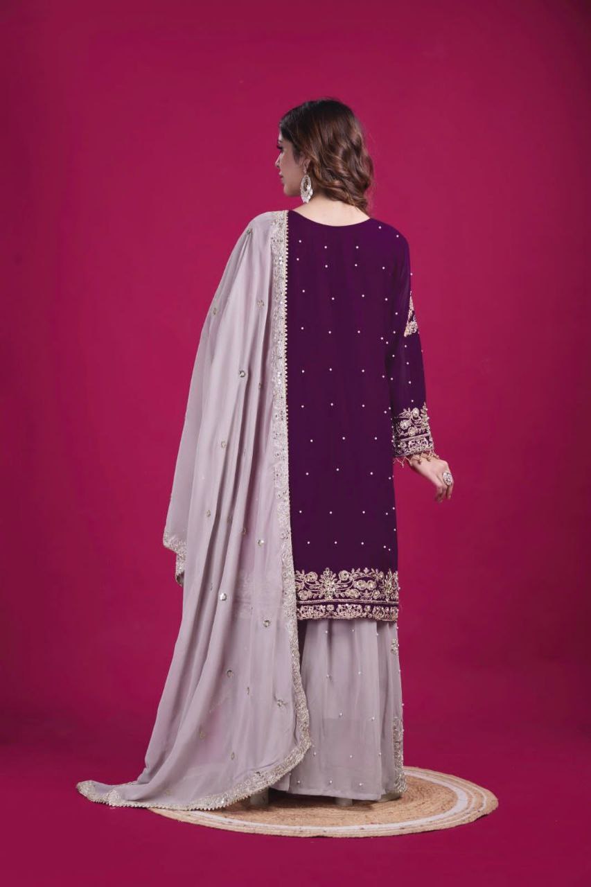 Heavy Faux Georgette Embroidered Suit Set with Plazzo & Dupatta | Dori-Sequence Work