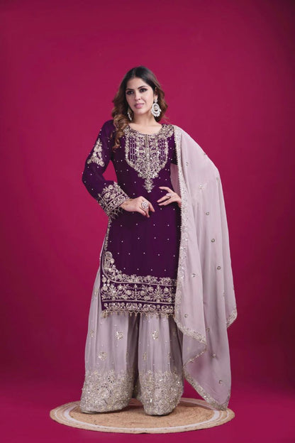 Heavy Faux Georgette Embroidered Suit Set with Plazzo & Dupatta | Dori-Sequence Work