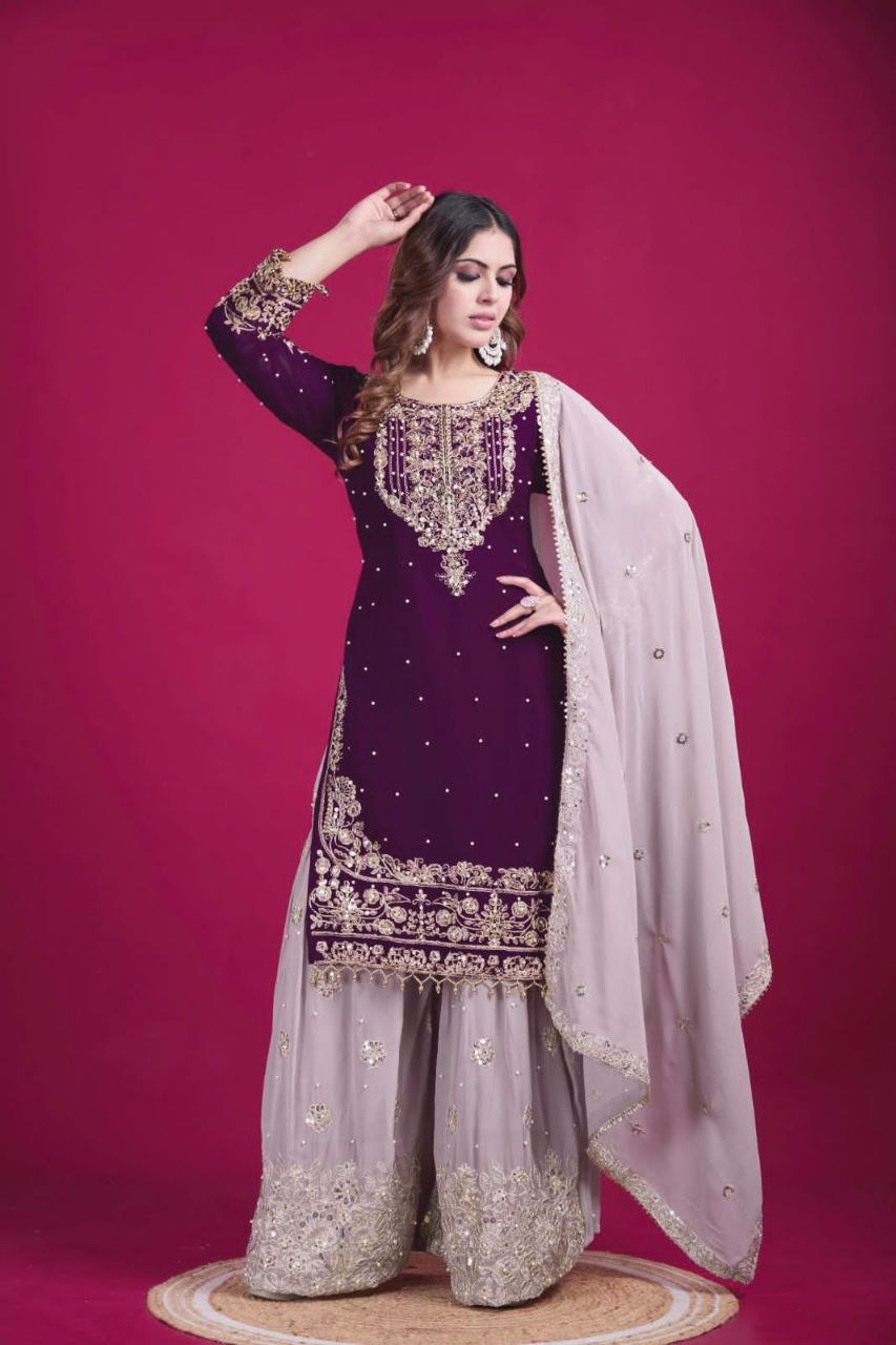 Heavy Faux Georgette Embroidered Suit Set with Plazzo & Dupatta | Dori-Sequence Work