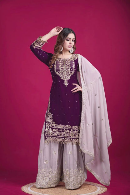 Heavy Faux Georgette Embroidered Suit Set with Plazzo & Dupatta | Dori-Sequence Work