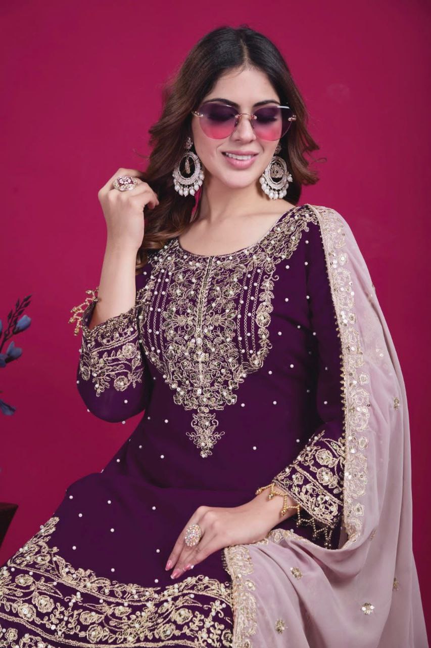 Heavy Faux Georgette Embroidered Suit Set with Plazzo & Dupatta | Dori-Sequence Work
