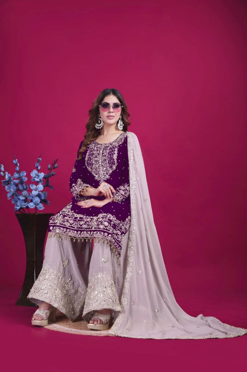 Heavy Faux Georgette Embroidered Suit Set with Plazzo & Dupatta | Dori-Sequence Work