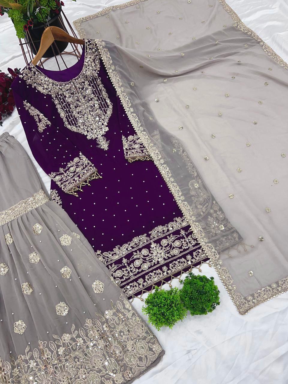 Heavy Faux Georgette Embroidered Suit Set with Plazzo & Dupatta | Dori-Sequence Work