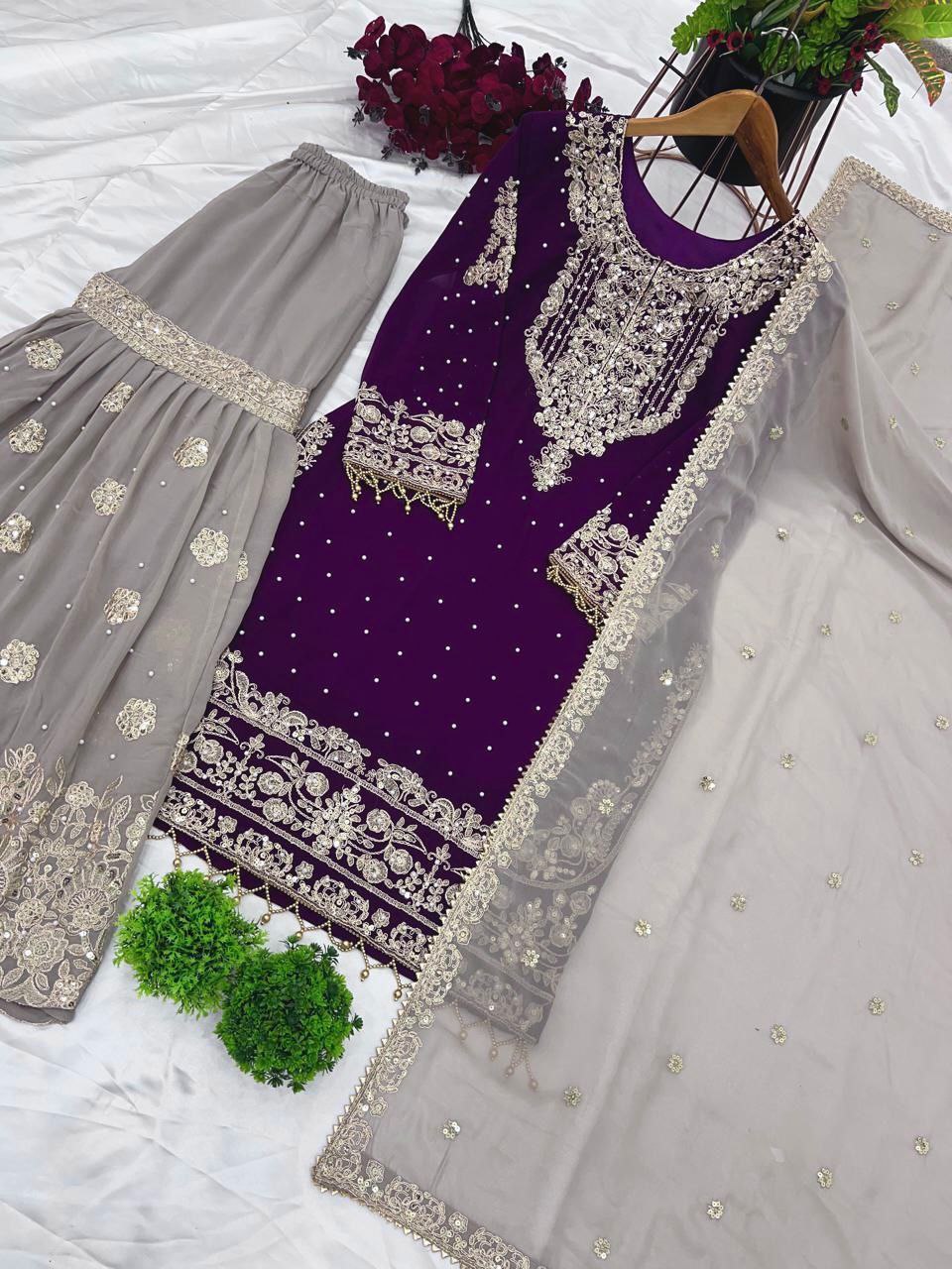 Heavy Faux Georgette Embroidered Suit Set with Plazzo & Dupatta | Dori-Sequence Work