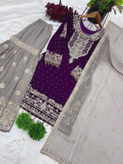 Heavy Faux Georgette Embroidered Suit Set with Plazzo & Dupatta | Dori-Sequence Work