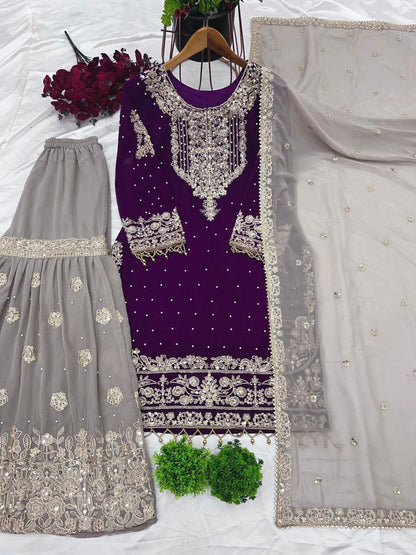 Heavy Faux Georgette Embroidered Suit Set with Plazzo & Dupatta | Dori-Sequence Work