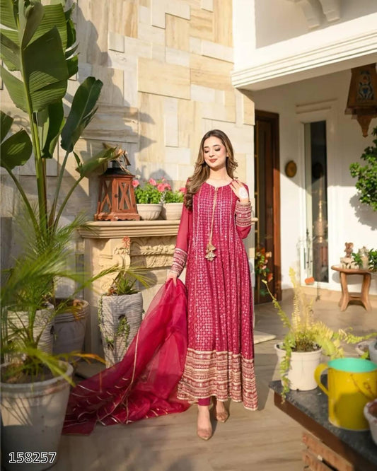 Karwa Chauth Special Dress: Heavy Fox Georgette Embroidered Gown-Pant with Dupatta