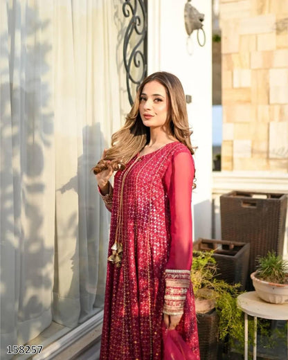 Karwa Chauth Special Dress: Heavy Fox Georgette Embroidered Gown-Pant with Dupatta