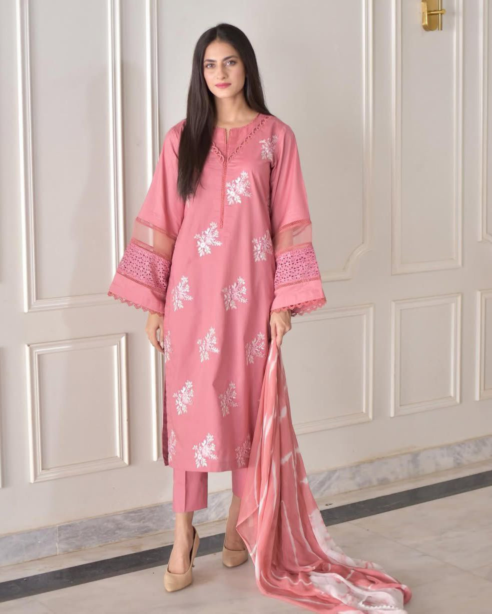 In Roman Silk Fabric with Elegant Silver Chiffon Dupatta