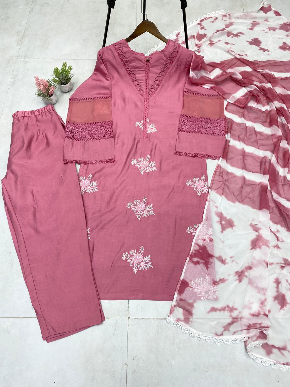 In Roman Silk Fabric with Elegant Silver Chiffon Dupatta
