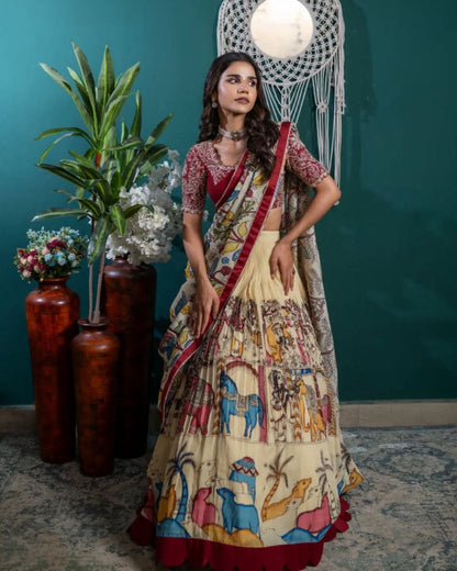 Kalamkari Printed Lehenga Choli Set with Chinon Embroidered Blouse – Fully Stitched | Premium Quality
