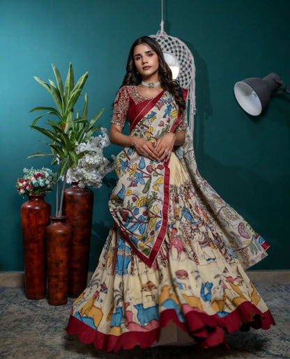 Kalamkari Printed Lehenga Choli Set with Chinon Embroidered Blouse – Fully Stitched | Premium Quality