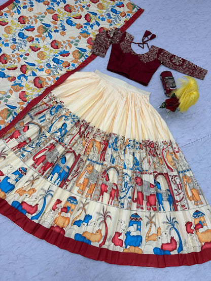 Kalamkari Printed Lehenga Choli Set with Chinon Embroidered Blouse – Fully Stitched | Premium Quality