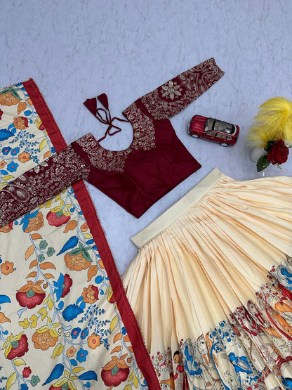 Kalamkari Printed Lehenga Choli Set with Chinon Embroidered Blouse – Fully Stitched | Premium Quality