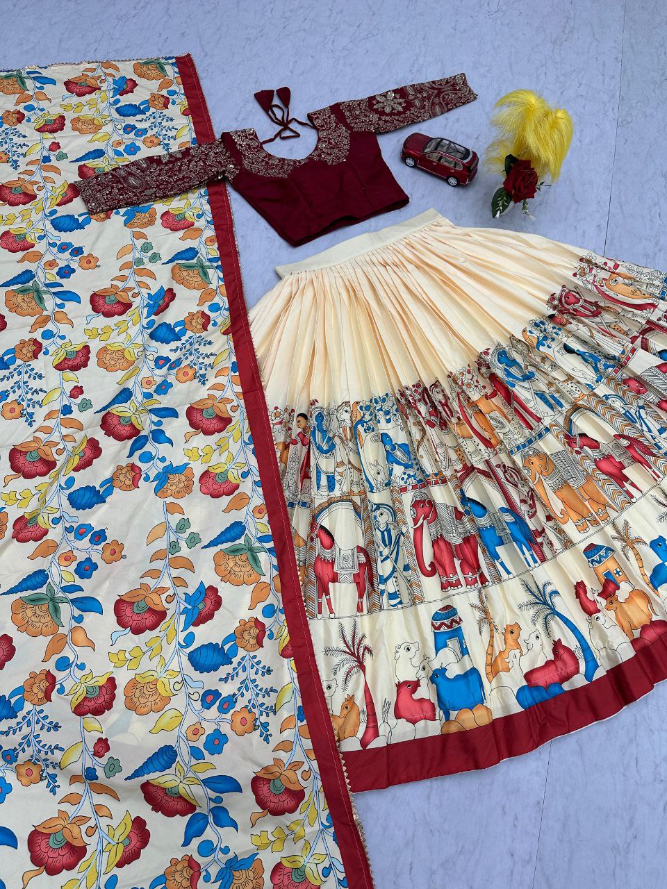 Kalamkari Printed Lehenga Choli Set with Chinon Embroidered Blouse – Fully Stitched | Premium Quality