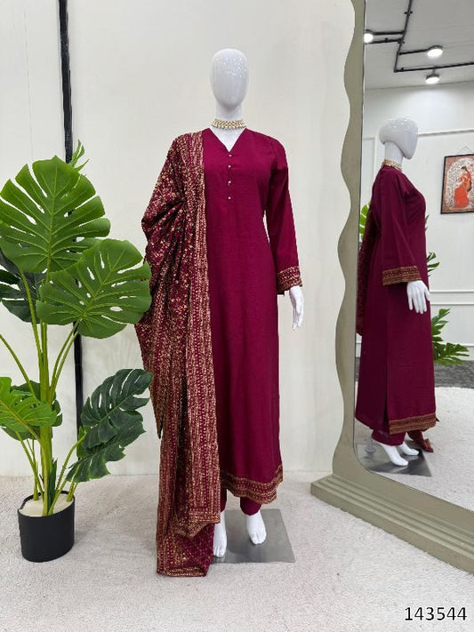 Monsoon Silk Maroon Embroidered Kurti Pant Dupatta Set