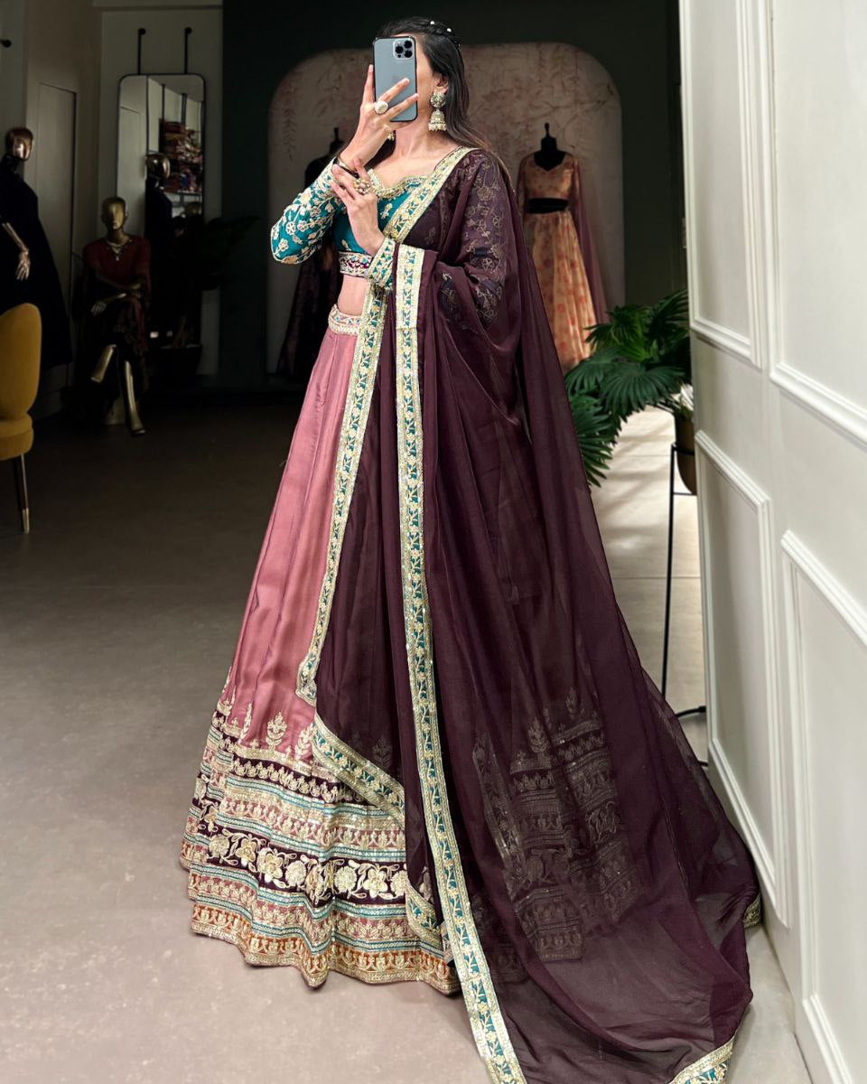 Moonga Silk Embroidered Lehenga Set with Sequins & Organza Dupatta