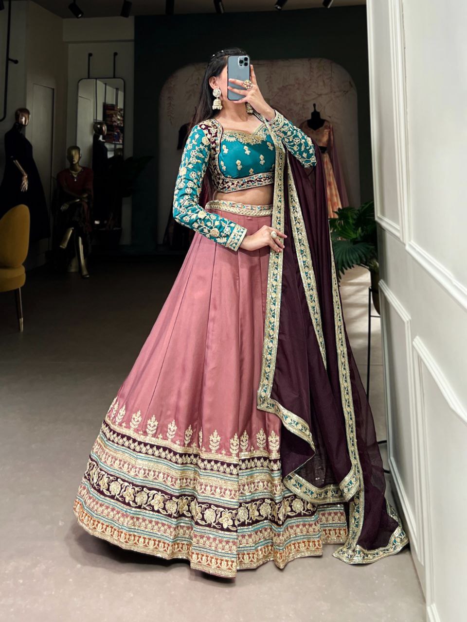 Moonga Silk Embroidered Lehenga Set with Sequins & Organza Dupatta