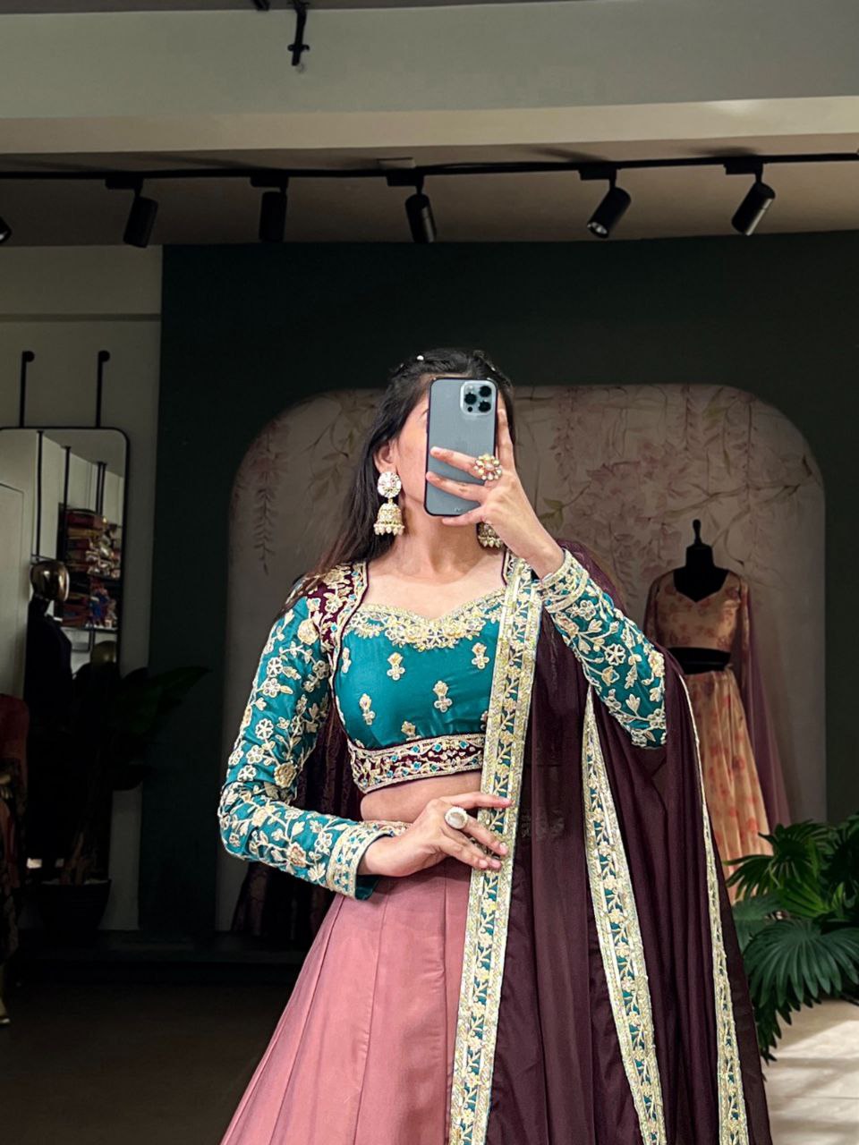 Moonga Silk Embroidered Lehenga Set with Sequins & Organza Dupatta