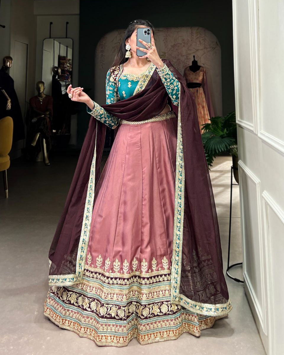 Moonga Silk Embroidered Lehenga Set with Sequins & Organza Dupatta