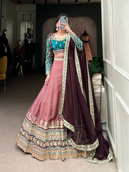 Moonga Silk Embroidered Lehenga Set with Sequins & Organza Dupatta