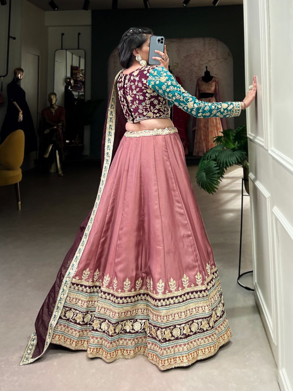 Moonga Silk Embroidered Lehenga Set with Sequins & Organza Dupatta
