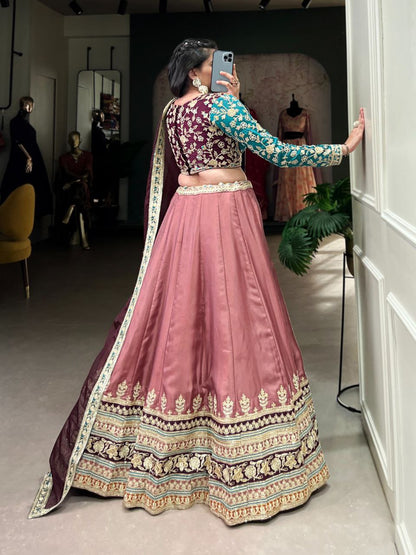 Moonga Silk Embroidered Lehenga Set with Sequins & Organza Dupatta