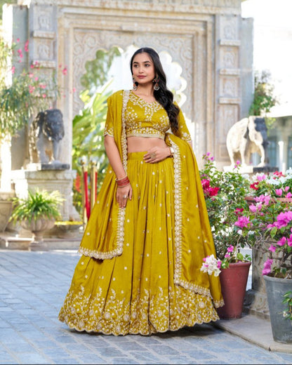 Mustard Vichitra Silk Embroidered Lehenga Choli Set | Wedding Collection 2025