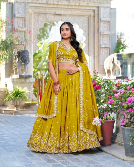 Mustard Vichitra Silk Embroidered Lehenga Choli Set | Wedding Collection 2025