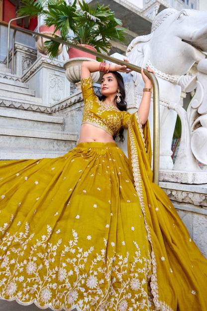 Mustard Vichitra Silk Embroidered Lehenga Choli Set | Wedding Collection 2025