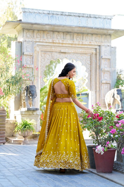 Mustard Vichitra Silk Embroidered Lehenga Choli Set | Wedding Collection 2025