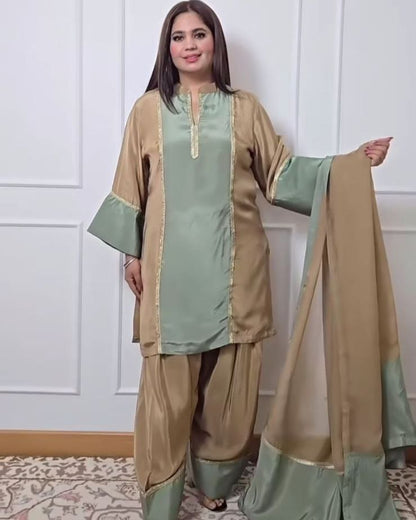Natural Satin Ethnic Suit Set with Farshi Plazzo & Lace Dupatta | Fully Stitched | Party Wear