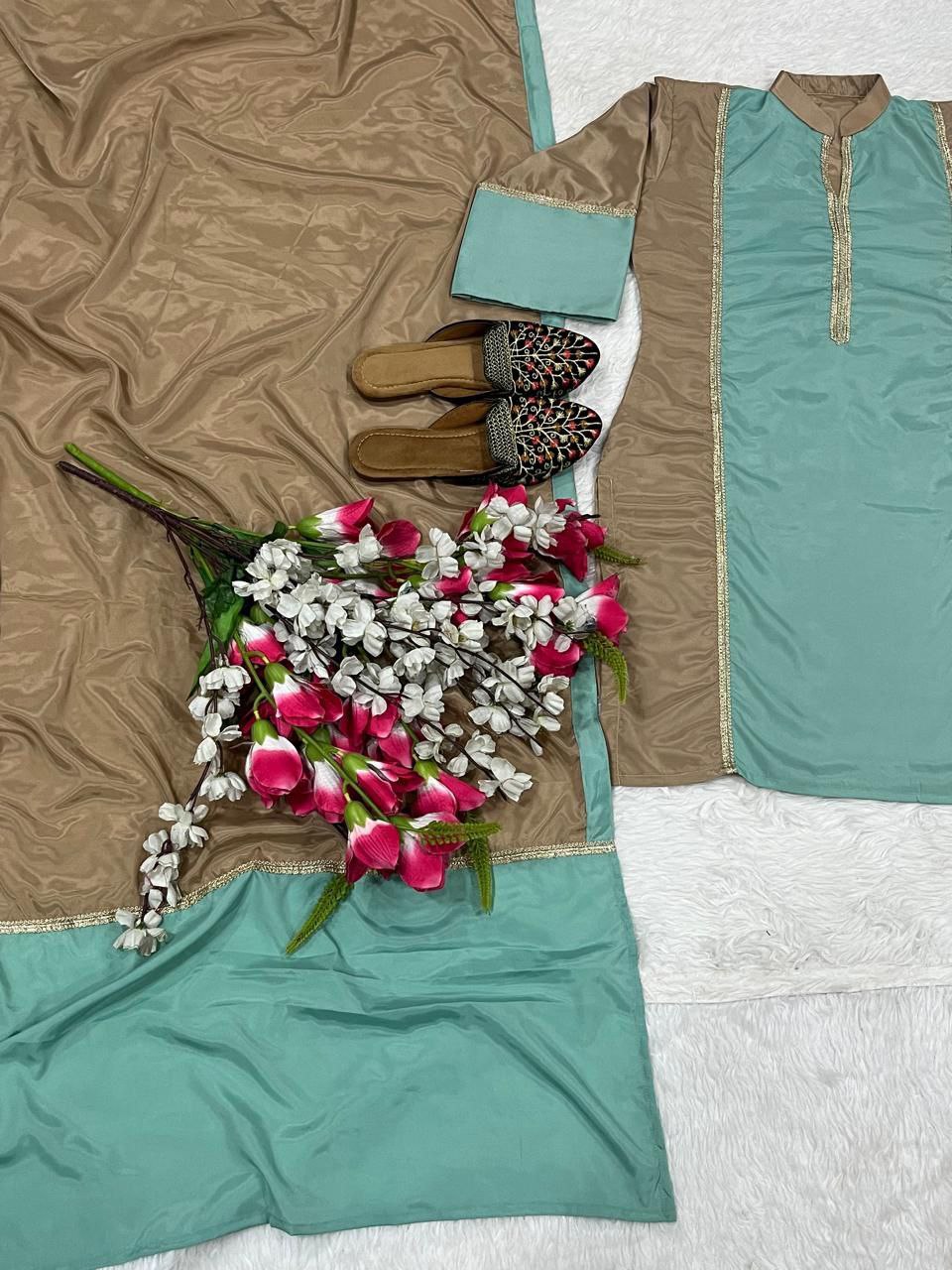Natural Satin Ethnic Suit Set with Farshi Plazzo & Lace Dupatta | Fully Stitched | Party Wear