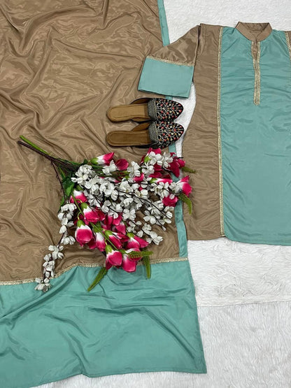 Natural Satin Ethnic Suit Set with Farshi Plazzo & Lace Dupatta | Fully Stitched | Party Wear