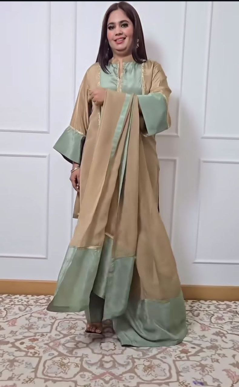 Natural Satin Ethnic Suit Set with Farshi Plazzo & Lace Dupatta | Fully Stitched | Party Wear