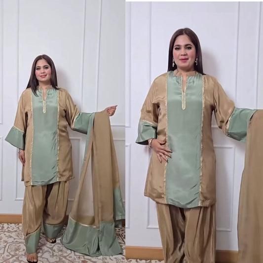 Natural Satin Ethnic Suit Set with Farshi Plazzo & Lace Dupatta | Fully Stitched | Party Wear