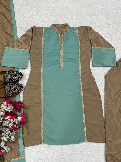 Natural Satin Ethnic Suit Set with Farshi Plazzo & Lace Dupatta | Fully Stitched | Party Wear