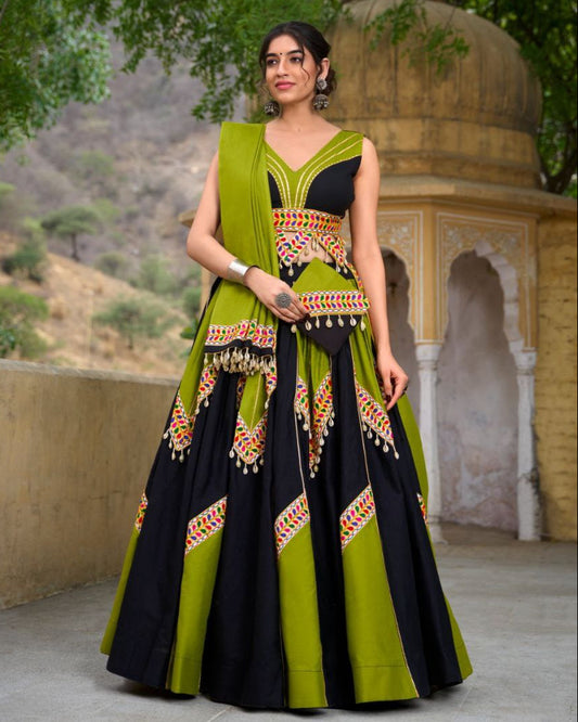 Navratri 2025 Cotton Lehenga Choli Set with Cowrie & Gamthi Lace