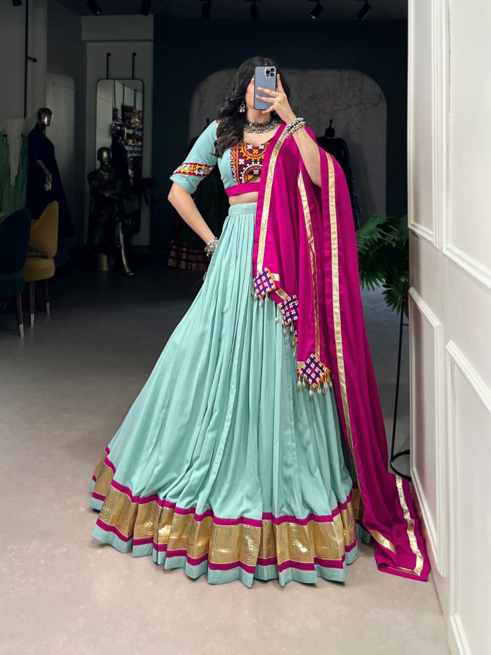 Navratri 2025 Rayon Lehenga Choli Set | Mirror & Lace Work