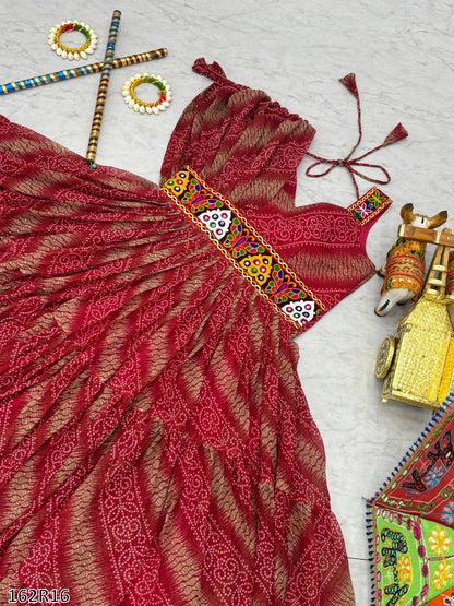 Navratri Special Gamathi Work Bandhni Print Gown with Real Mirror Work