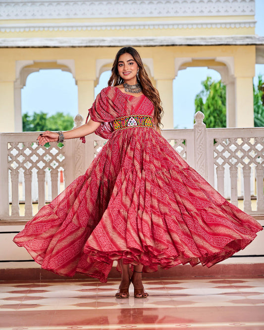 Navratri Special Gamathi Work Bandhni Print Gown with Real Mirror Work