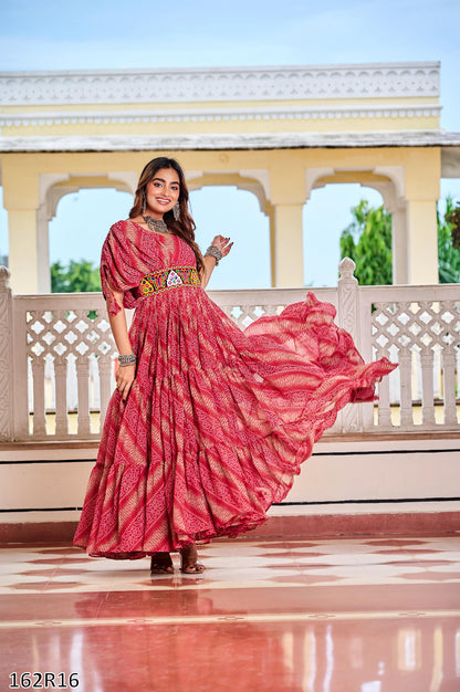 Navratri Special Gamathi Work Bandhni Print Gown with Real Mirror Work