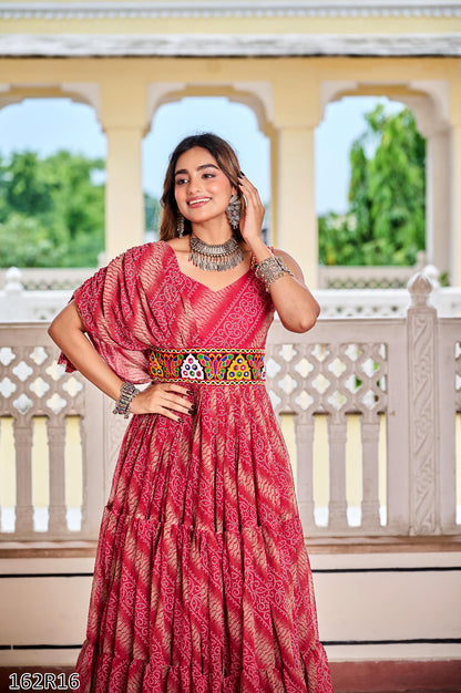 Navratri Special Gamathi Work Bandhni Print Gown with Real Mirror Work