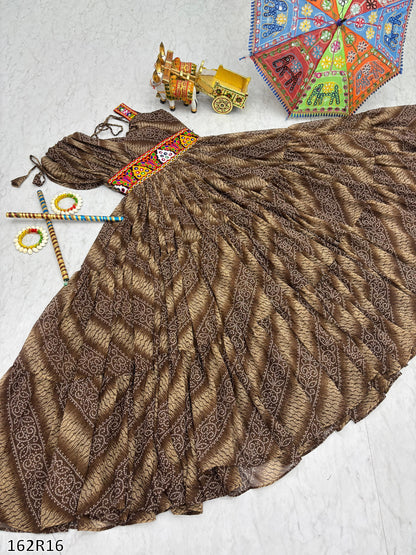 Navratri Special Gamathi Work Bandhni Print Gown with Real Mirror Work