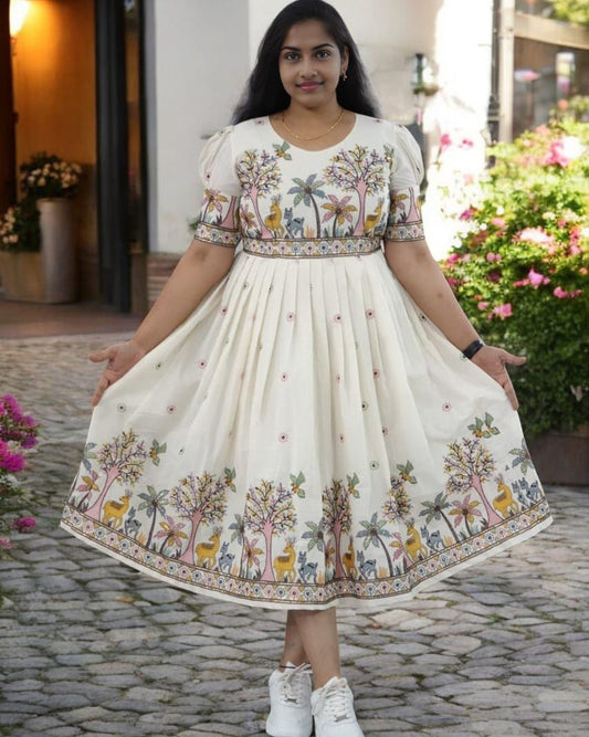 New Arrival Off-White Cotton Frock for Women | Embroidered Thread Work | Full Flair Dress with Zip